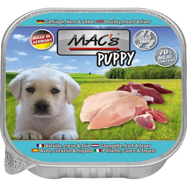 Mac’s Dog Poultry, Heart & Liver - Премиум пастет за подрастващи кучета с пилешко месо и черен дроб, 5 броя х 150 гр.