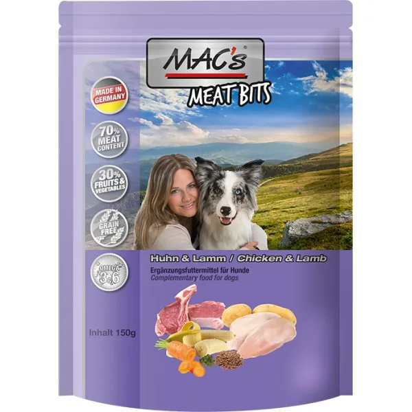 MAC'S DOG Meat Bits Chicken&Lamb - Премиум лакомство , пауч за кучета , без зърно ,хапки с пилешко и агнешко месо, 2 броя х 120 гр.