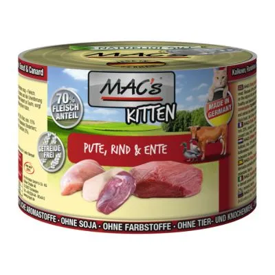 Mac’s Kitten Turkey Beef and Duck - Премиум консервирана храна за подрастващи котенца с пуешко, телешко и патешко месо, 3 броя х 200 гр.