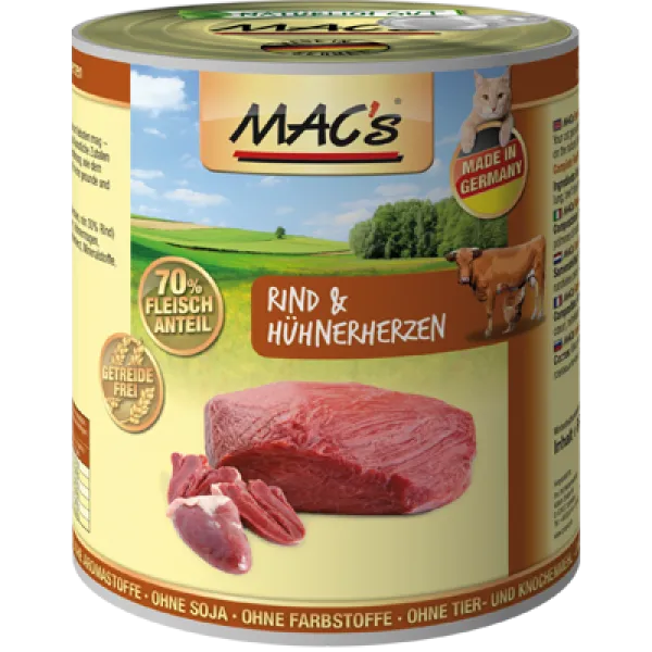 Mac's Cat Beef and chicken hearts - Премиум консервирана храна за котки с говеждо месо и пилешки сърца, 3 броя х 200 гр.
