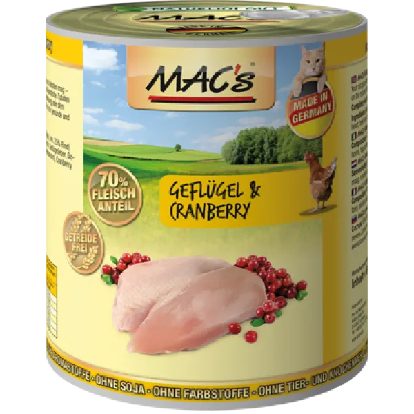 Mac’s Cat Chicken - Премиум консервирана храна за котки с пилешко месо и червени боровинки, 2 броя х 400 гр.