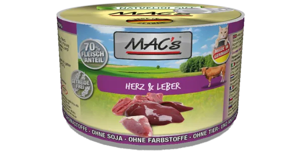 Mac’s Cat Hearts and liver - Премиум консервирана храна за котки с говежди сърца и дробчета, 3 броя х 200 гр.