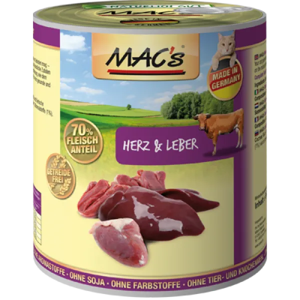 Mac’s Cat Hearts and liver - Премиум консервирана храна за котки с говежди сърца и дробчета, 2 броя х 400 гр.
