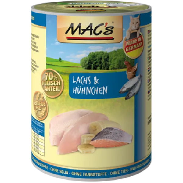 Mac’s Cat Salmon and Chicken - Премиум консервирана храна за котки със сьомга, пиле и банан, 2 броя х 400 гр.