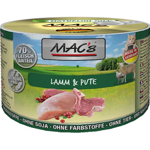 Mac’s Cat Lamb and Turkey - Премиум консервирана храна за котки с агнешко , пуешко месо и червени боровинки, 3 броя х 200 гр.