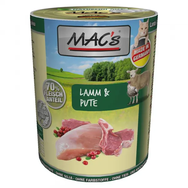 Mac’s Cat Lamb and Turkey - Премиум консервирана храна за котки с агнешко , пуешко месо и червени боровинки, 2 броя х 400 гр.