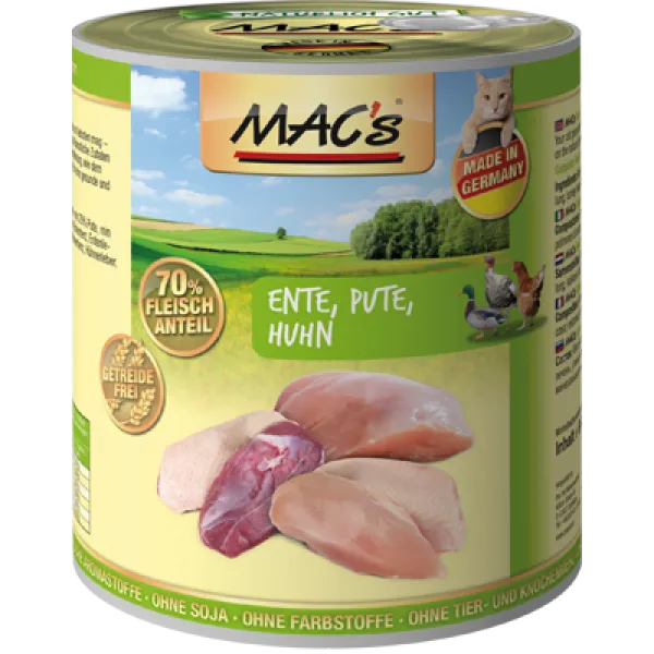 Mac’s Cat Duck , Chicken and Turkey - Премиум консервирана храна за котки микс от патешко, пилешко и пуешко месо, 2 броя х 400 гр.