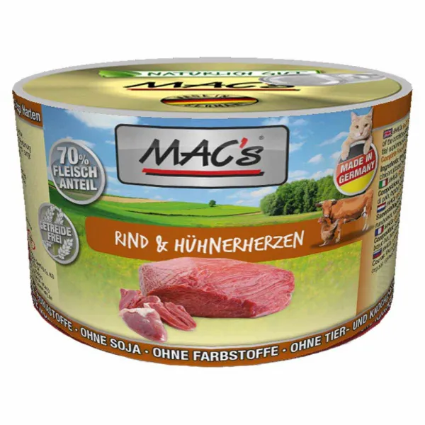 Mac’s Cat Beef and Chicken hearts - Премиум консервирана храна за котки с говеждо месо и пилешки сърца, 3 броя х 200 гр.