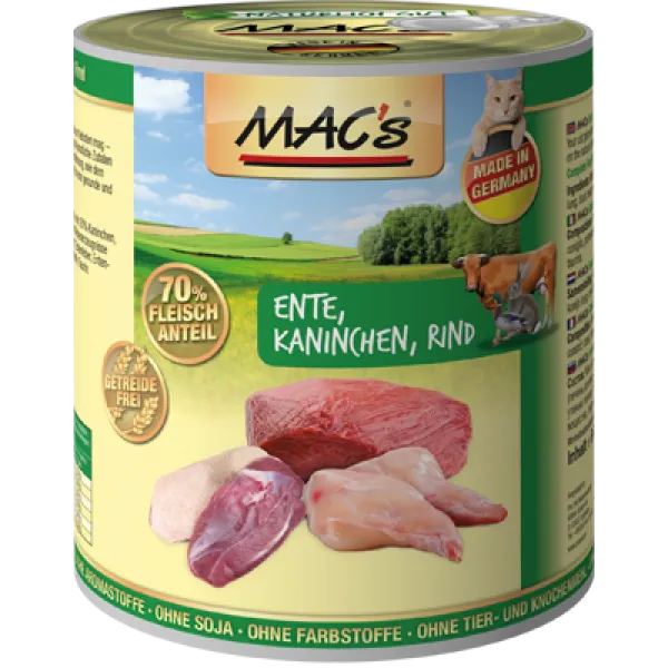 Mac’s Cat Beef , Duck and Rabbit - Премиум консервирана храна за котки с патешко , телешко и заешко месо, 2 броя х 400 гр.