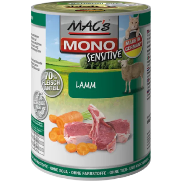 Mac’s Cat Lamb and carrot - Премиум консервирана храна за котки с чувствителен стомах, без зърно , с агнешко месо и моркови, 2 броя х 400 гр.