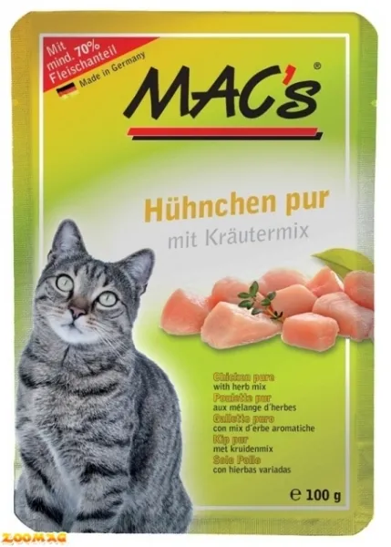 Mac's Cat Salmon and Chicken - Супер премиум пауч за котки със сьомга , пилешко и боровинки, 4 броя х 100 гр.