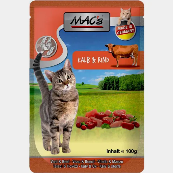 Mac's Cat Beef and Veal  - Супер премиум пауч за котки с говеждо , телешко месо и червена боровинка, 4 броя х 100 гр.