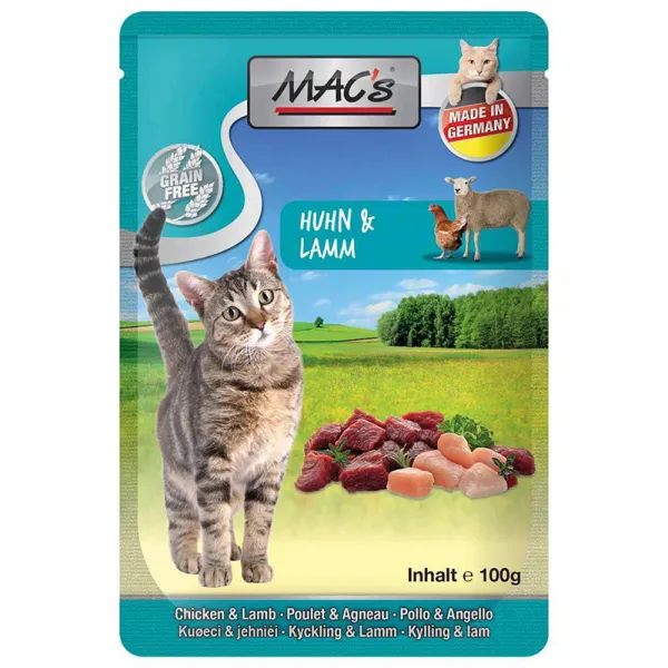 Mac's Cat Lamb , Veal and Malt - Супер премиум пауч за котки с агнешко , говеждо месо и малц, 4 броя х 100 гр.