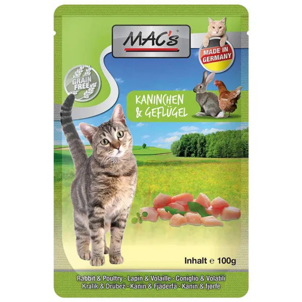 Mac's Cat Rabbit and Chicken - Супер премиум пауч за котки със заешко , пилешко месо и глухарче, 4 броя х 100 гр.