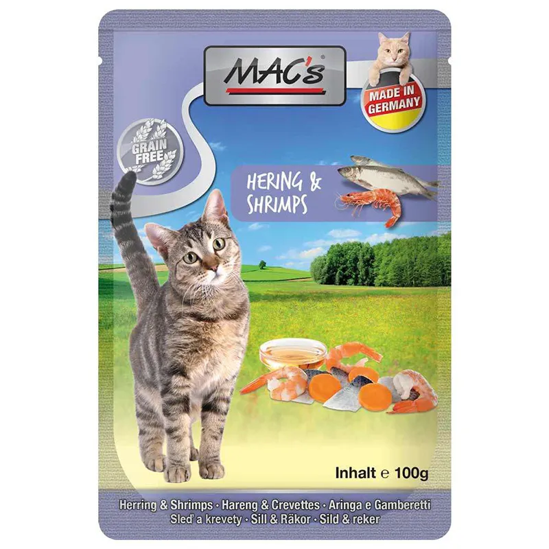 Mac's Cat Herring and Shrimp - Супер премиум пауч за котки с месо от херинга и скариди, 4 броя х 100 гр.