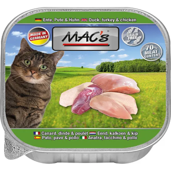 Mac’s Cat Pure Chicken,Turkey and Duck - Премиум пастет за котки , без зърно , с патешко,пуешко и пилешко месо, 5 броя х 85 гр.