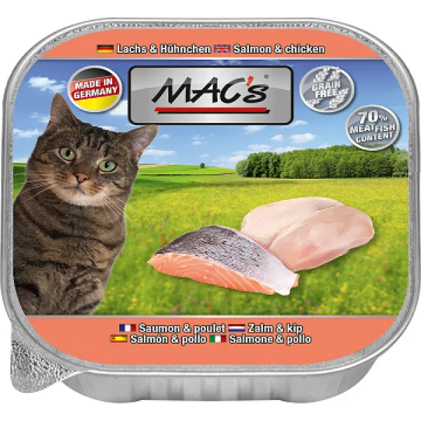Mac’s Cat Pure Chicken and Salmon - Премиум пастет за котки , без зърно , със сьомга и пилешко месо, 5 броя х 85 гр.