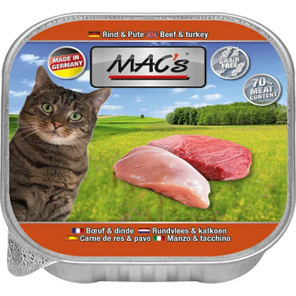 Mac’s Cat Pure Beef and Turkey - Премиум пастет за котки , без зърно , с говеждо и пуешко месо, 5 броя х 85 гр.