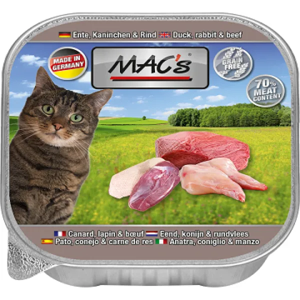 Mac’s Cat Pure Duck , Rabbit and Beef - Премиум пастет за котки , без зърно , с патешко , заешко и говеждо месо, 5 броя х 85 гр.