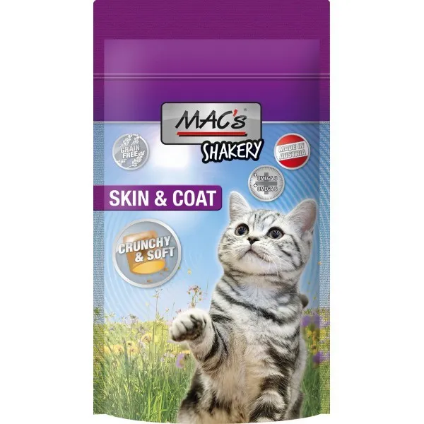 Mаc's Cat Shakery Skin & Coat - Премиум лакомство за котки , без зърно , за красива козина и кожа,снакс с пилешко,сьомга и говеждо, 4 броя х 60 гр.
