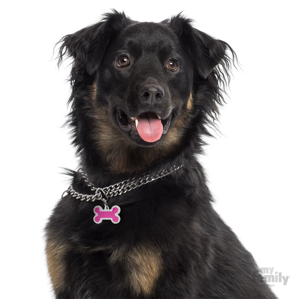 My Family Swarovski's BIG FUCHSIA Dog Tag Big Bone Strass - Ръчно изработен медальон кокал - адресник за кучета 2.5 см. / 3.8 см. розов 2