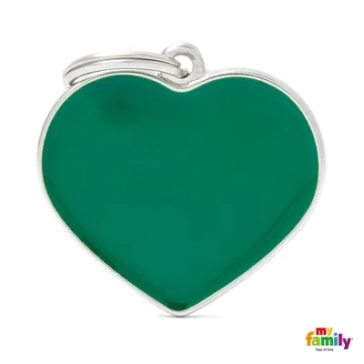 My Family Dog Tag Big Green Heart - Ръчно изработен медальон сърце - адресник за кучета 3.8 см. / 3.1 см. - зелен