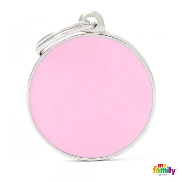My Family Dog Tag Big Pink Circle- Ръчно изработен медальон , кръг - адресник за кучета 3.17 см. / 3.93 см. - розов