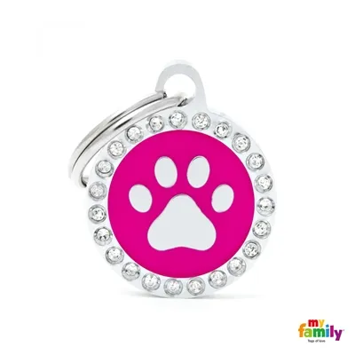 My Family Dog Tag Fuchsia Swarovski's Paw Circle Strass - Ръчно изработен медальон , кръг с лапичка- адресник за кучета 2.15 см. / 2.85 см. - розов