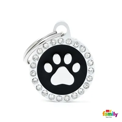 My Family Dog Tag Fuchsia Swarovski's Paw Circle Strass - Ръчно изработен медальон , кръг с лапичка- адресник за кучета и котки 2.15 см. / 2.85 см. - черен 1