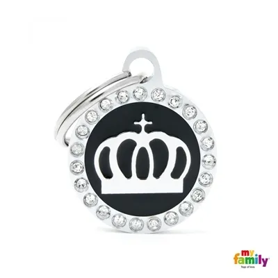 My Family Dog Tag Fuchsia Swarovski's Crown Circle Strass - Ръчно изработен медальон , кръг с корона- адресник за кучета и котки 2.15 см. / 2.85 см. - черна 1