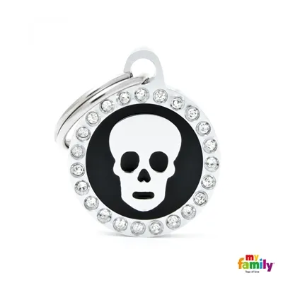 My Family Dog Tag Fuchsia Swarovski's Skull Circle Strass - Ръчно изработен медальон , кръг с череп- адресник за кучета 2.15 см. / 2.85 см. - черен