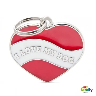 My Family Dog Tag Heart i love My Dog- Ръчно изработен медальон , Сърце с надпис-Обичам моето куче- адресник за кучета 3.01 см. / 3.76 см.  1