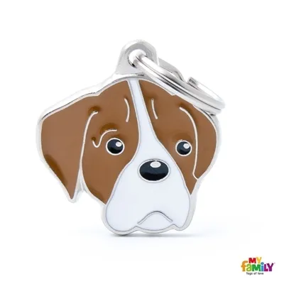 My Family Dog Tag  - Ръчно изработен адресник , White Brown Boxer Dog за кучета 2.9 см/ 2.6 см. бяло кафяв 1