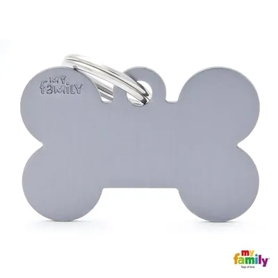 My Family Dog Tag  - Ръчно изработен адресник ,алуминиев кокал медальон, за кучета 3.8 см/ 2.5 см. сив