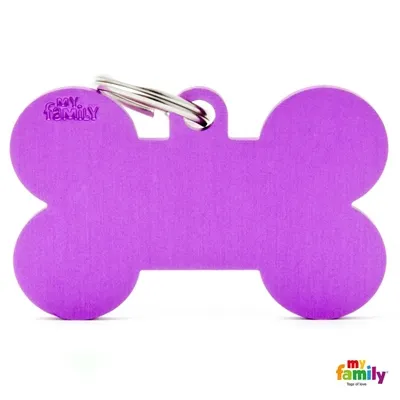 My Family Dog Tag  - Ръчно изработен адресник ,алуминиев кокал медальон, за кучета 3.8 см/ 2.5 см.  лилав