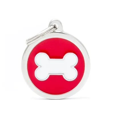 My Family Dog Tag - Ръчно изработен кръга адресник с кокал , за кучета 3.93 см/ 3.17 см.  червен  1