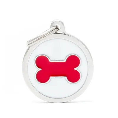 My Family Dog Tag - Ръчно изработен кръга адресник с кокал , за кучета 3.93 см/ 3.17 см.  червено бял 1