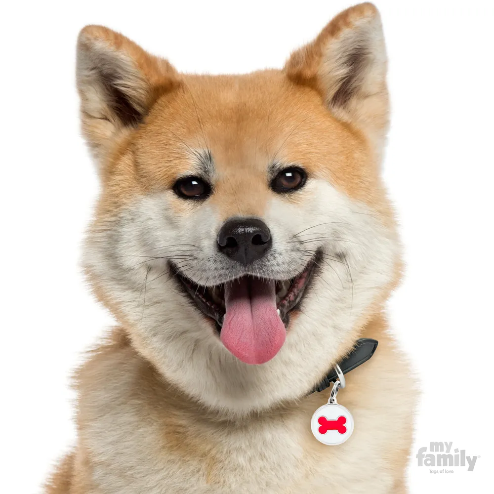 My Family Dog Tag - Ръчно изработен кръга адресник с кокал , за кучета 3.93 см/ 3.17 см.  червено бял 2