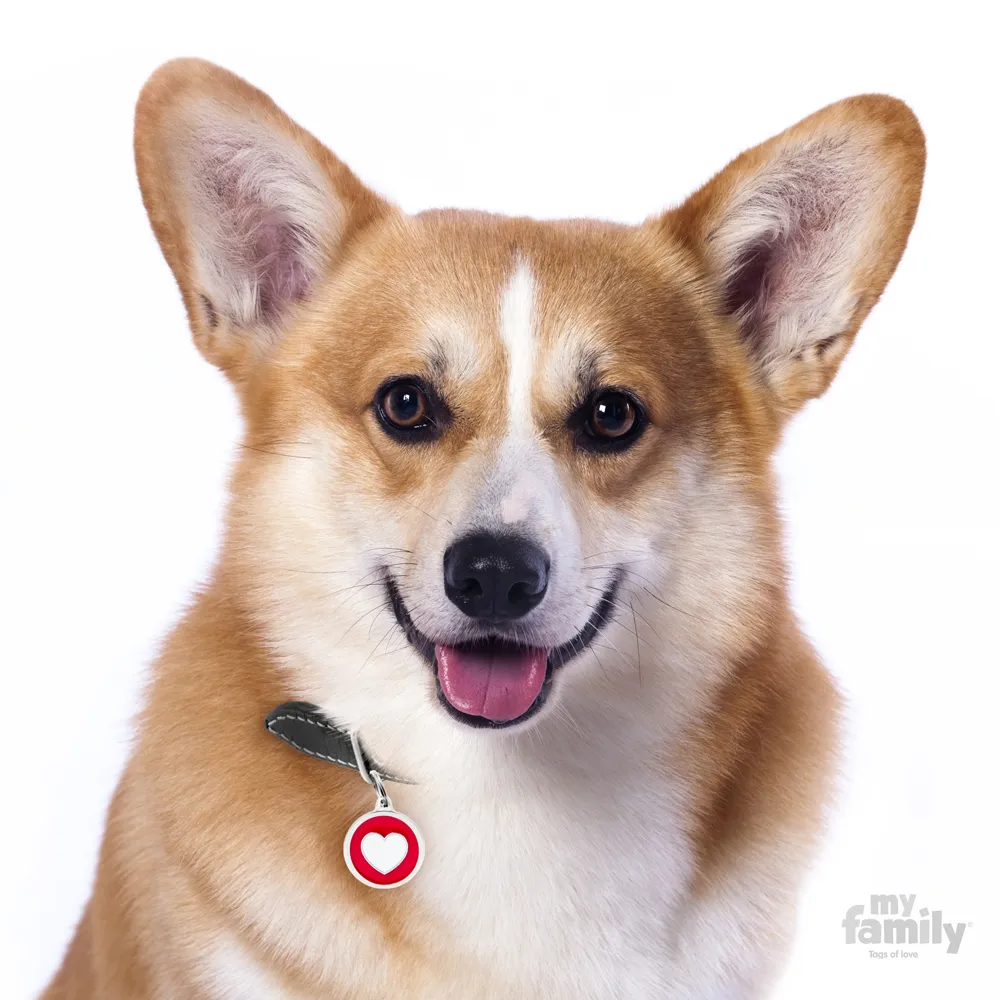 My Family Dog Tag - Ръчно изработен кръга адресник със сърце , за кучета 3.93 см/ 3.17 см.  червен  2