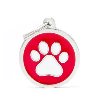 My Family Dog Tag - Ръчно изработен кръга адресник с лапа , за кучета 3.93 см/ 3.17 см.  червен  1