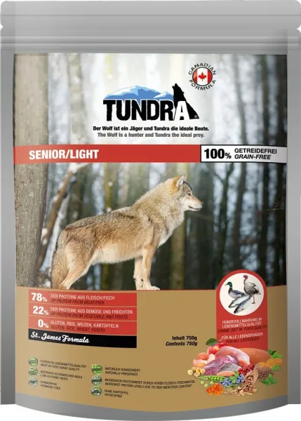 Tundra Senior Grain Free - Премиум пълноценна суха храна за кучета в напреднала възраст, без зърно, с пуешко , пилешко, патешко и сьомга 750 гр.