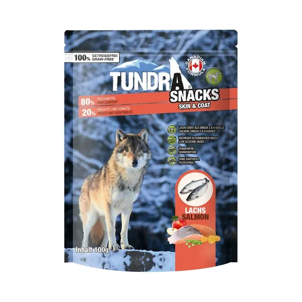 Tundra Snack Skin and Coat Wild Salmon - Премиум лакомство за кучета , без зърно , снакс с дива сьомга за здрава козина и кожа, 2 броя х 100 гр.