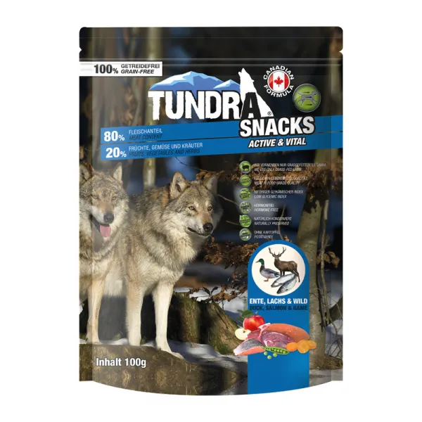 Tundra Snack Active and Vital - Премиум лакомство за активни и жизнени кучета , без зърно , снакс с месо от патешко, сьомга и дивеч, 2 броя х 100 гр.