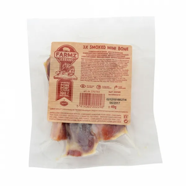 Duvo Plus Serrano Smoked Mini Pork Bone - Кучешко лакомство - натурални свински мини кокалчета, 3 пакета х 3 броя