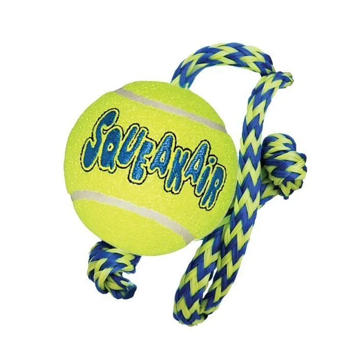 Kong Squeaker Tennis Ball with Rope Medium - Тенис топка с въже за дърпане и дъвчене(50 см.) за кучета с пискюл 6 см. 2
