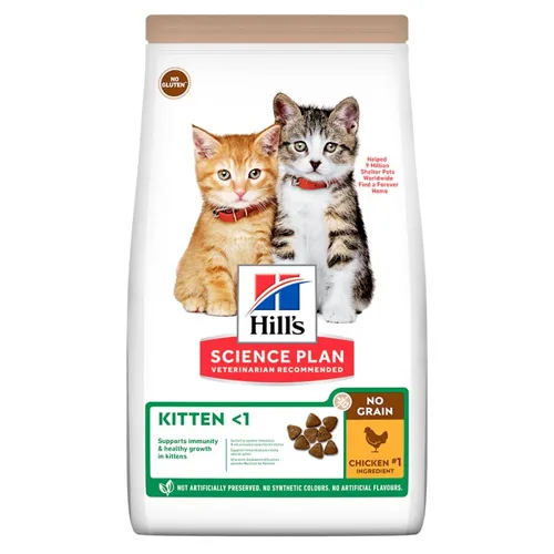 Hills - Science Plan No Grain Kitten –Премиум пълноценна суха храна за подрастващи котенца на възраст от 3 седмици до 12 месеца ,без зърно, с пилешко месо 1.5 кг. 1