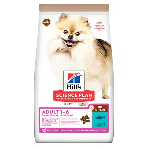 Hill’s Sciience Plan No Grain Small&Mini Adult - Премиум пълноценна храна за кучета над 1г. от дребни породи до 10 кг.,без зърно, с риба тон 2 х 300 гр. 1