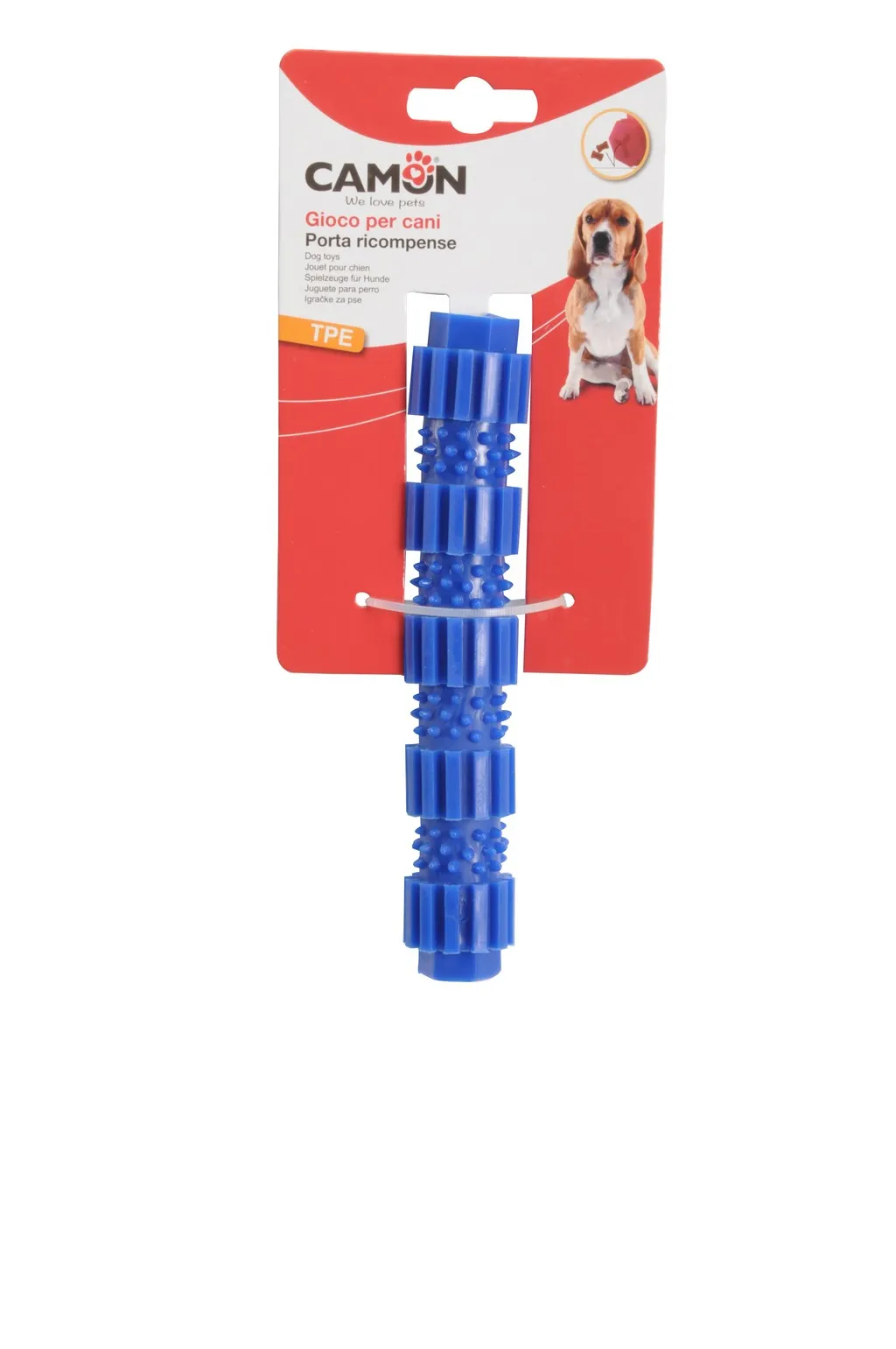 Camon TPE cylinder - Забавна играчка за кучета,масажира венците, TPR с форма на цилиндър с вътрешен пискюл, три цвята, 18 см. 2