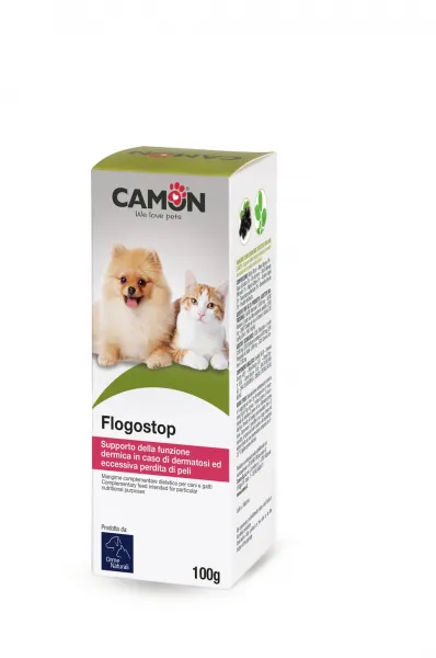 Camon Flogostop - Допълваща храна, предназначена за специфични хранителни цели, опора на кожната функция в случай на дерматози и прекомерна загуба на козина. 100 гр.