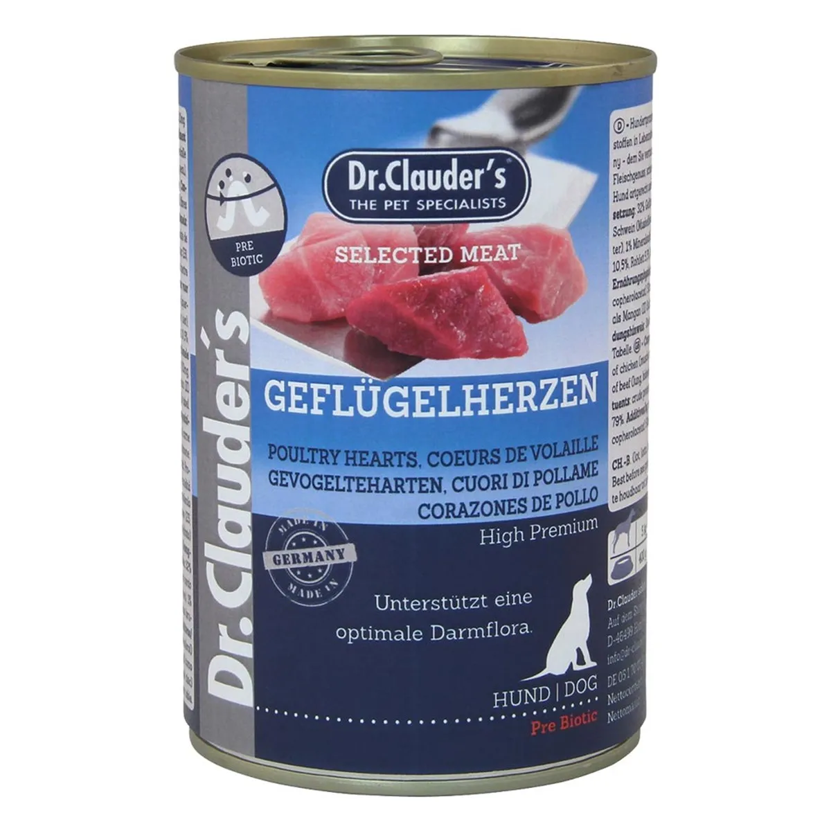 Dr.Clauder's Selected Meat Geflügelherzen /Pre Biotics/ - Консервирана храна за кучета с пилешки сърца, 2 броя х 400 гр.
